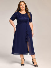 Plus Size Round Neck Lace A-Line Formal Dress with Slit